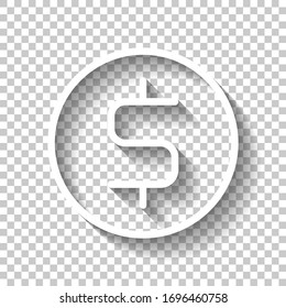 Dollar coin, money sign, outline design. White icon with shadow on transparent background