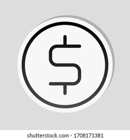 Dollar coin, money sign, outline design. Sticker style with white border and simple shadow on gray background