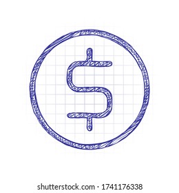 Dollar coin, money sign, outline design. Hand drawn sketched picture with scribble fill. Blue ink. Doodle on white background