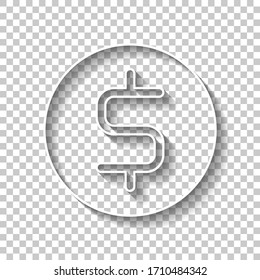 Dollar coin, money sign. White outline sign with shadow on transparent background