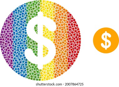 Dollar coin mosaic icon of spheric dots in different sizes and rainbow colored shades. A dotted LGBT-colored dollar coin for lesbians, gays, bisexuals, and transgenders.