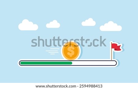 A dollar coin moves toward a flagpole following the progress of a loading bar, illustration of progress in achieving a company's financial target