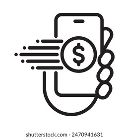 Dollar coin moving to mobile in hand. Simple line icon. Isolate on white background. Vector.