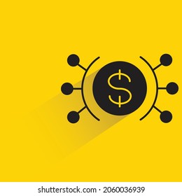 moneda en dólares y red con sombra sobre fondo amarillo