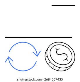 La moneda de dólar junto a las flechas circulares azules indica el intercambio financiero. Ideal para finanzas, banca, conversión de moneda, transacciones económicas, comercio internacional, estrategias de inversión, monetario