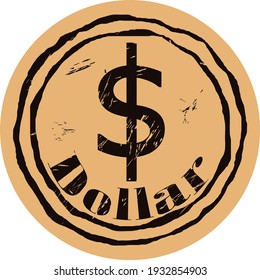 Dollar coin in old style. Current currency of USA symbol. USD sign. Dollar icon silhouette grunge texture. Vector round stamp with currency sign inside. Flat style for app, web, digital design.