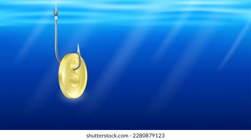 Dollar coin on the fishing hook in the water with copy space for text. Money trap gold coin as bait. Business metaphor. About debt and making unrealistic profits. Investment finance concept. 3D vector