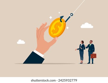 Dollar coin on fishing hook. The concept of cash transactions. Modern vector illustration in flat style