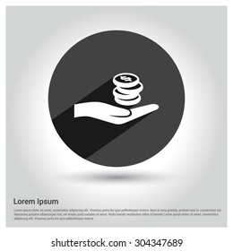 dollar Coin on hand Concept icon. Circle concept web buttons. vector illustration. Flat design style