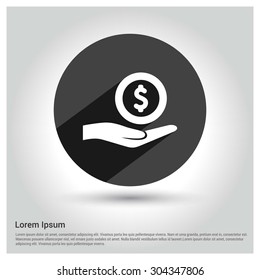 dollar Coin on hand Concept icon. Circle concept web buttons. vector illustration. Flat design style