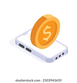 Moneda de dólar en el icono de concepto de denotación móvil de pago móvil, banca móvil, Vector isométrico de banca digital