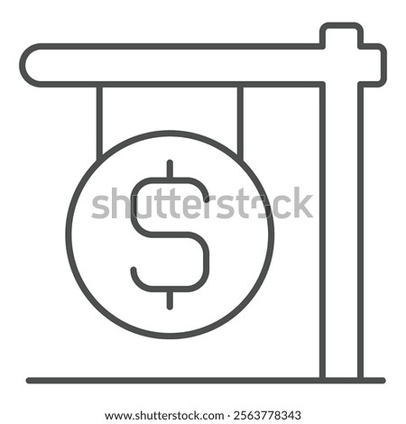 Dollar coin on signboard thin line icon, finance concept. Vector graphics. Wooden pole with dollar board sign on white background, outline style icon for mobile or web design