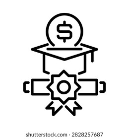 Dollar coin on top of a graduation cap with a diploma scroll and certificate seal for education fund, academic loan, icon outline style isolated on background.