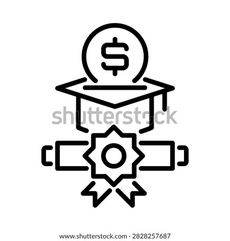 Dollar coin on top of a graduation cap with a diploma scroll and certificate seal for education fund, academic loan, icon outline style isolated on background.