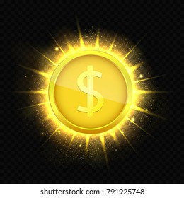 Dollar coin over golden explosion background with glitters stars and sparkles