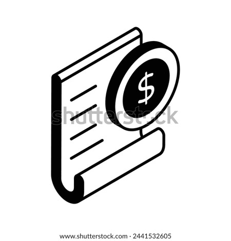 Dollar coin with page denoting concept icon of receipt, bill isometric vector design