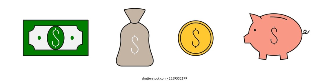 Dollar Coin, Paper Bill Piggy Bank, Money bag line set. Gold coins icon. Money savings concept. Earning money, investment business advertising. Cute cartoon animal Flat design. White background Vector