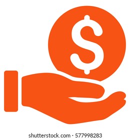 Dollar Coin Payment Hand vector icon. Illustration style is a flat iconic orange symbol on white background.