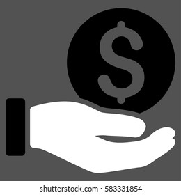 Dollar Coin Payment Hand vector icon. Illustration style is a flat iconic bicolor black and white symbol on gray background.