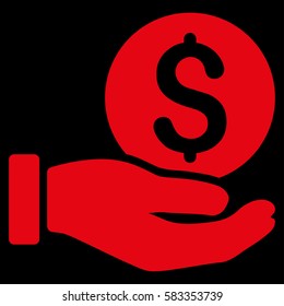 Dollar Coin Payment Hand vector pictogram. Illustration style is a flat iconic red symbol on black background.