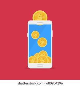 Dollar coin in phone, online payment concept, save money online concept, Vector illustration flat design style and isolated