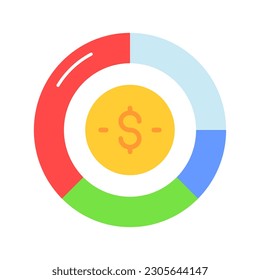 Moneda en dólares con gráfico circular que denota el vector del gráfico financiero en estilo editable