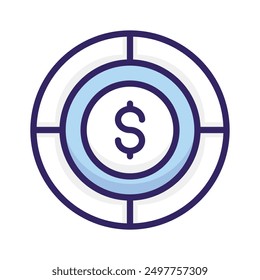 Dollar coin with pie chart denoting concept icon of financial chart, business chart vector