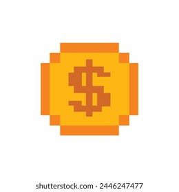 Dollar coin pixel art for 16 bit retro game. Vector golden pixelated coin isolated on white background. Illustration of money 8bit.