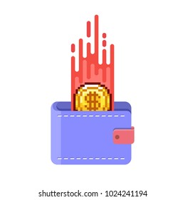 dollar coin in a pixel style with flat design wallet. Digital Currency.