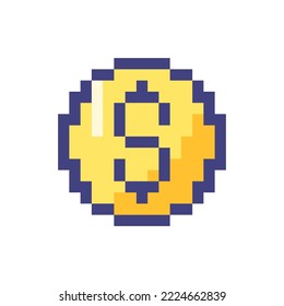 Dollar coin pixelated RGB color ui icon. Currency and money. Golden cent. Finance. Simplistic filled 8bit graphic element. Retro style design for arcade, video game art. Editable vector isolated image