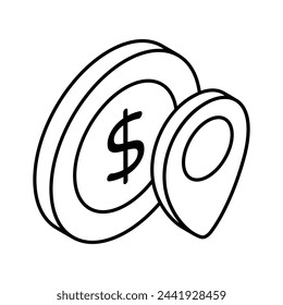 Dollar coin with placeholder showing concept icon of business location, bank location vector design
