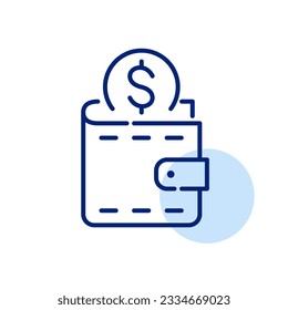 Moneda de un dólar puesta en una billetera. Ganar y ahorrar. Icono perfecto de píxeles