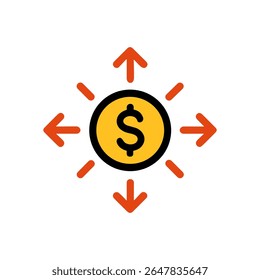 Dollar coin radiates outward in vectors. Icon symbol illustration