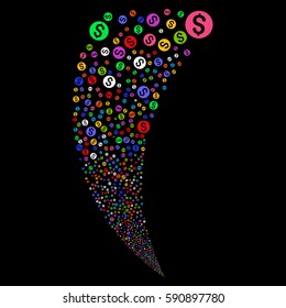 Dollar Coin random fireworks stream. Vector illustration style is flat bright multicolored iconic symbols on a black background. Object fountain created from scattered design elements.