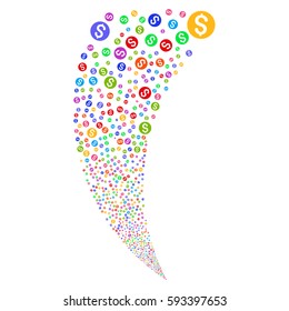 Dollar Coin random fireworks stream. Vector illustration style is flat bright multicolored iconic symbols on a white background. Object fountain combined from scattered pictograms.