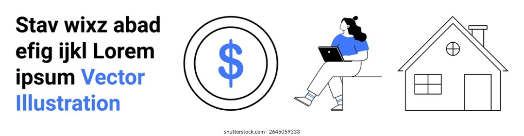 Dollar coin, remote working professional with a laptop in blue attire, and a simple house outline. Ideal for home office, remote work, freelance jobs, finance, savings, real estate, and landing page