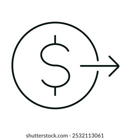 Moeda de dólar com seta para a direita. Ícone de linha para Web, site ou aplicativo móvel. Finanças, transferência de dinheiro, criptomoeda, comércio, câmbio de moeda, conceito de mercado de ações. Traçado vetorial editável. Pixel perfeito.