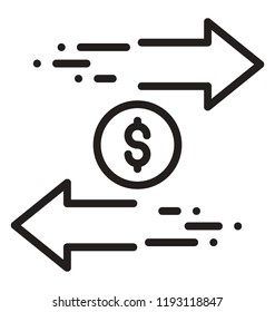 Dollar coin with right side and left side directing arrows showcasing fast payment icon 