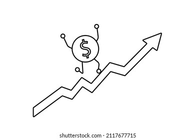 Dollar coin rises up the arrow. The concept of a successful business. Outline vector illustration.