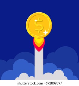 Dollar coin rocket starting. Startup success, fast growing income. Business finance and economy concept. Cartoon vector illustration isolated on blue background