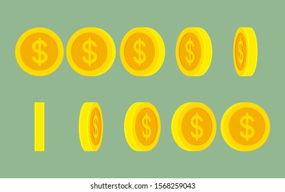 Dollar coin rotating. Vector sprite sheet isolated on plain background. Can be used for GIF animation 