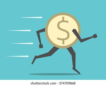Dollar coin running fast. Money, finance, currency, economic, savings, investment, exchange rate, panic, crisis, rallying concept. EPS 8 vector illustration, no transparency