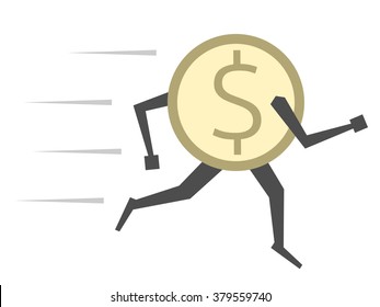 Dollar coin running quickly isolated on white. Money, currency, savings, investment, panic, crisis, rallying concept. EPS 8 vector illustration, no transparency