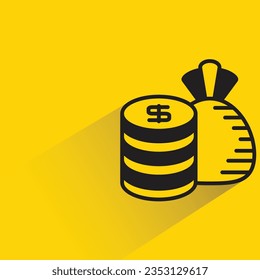dollar coin and sack with shadow on yellow background