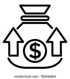 A dollar coin sack with upward arrows, concept of funds raising line icon