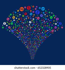 Dollar Coin salute stream. Vector illustration style is flat bright multicolored iconic symbols on a blue background. Object fireworks fountain done from random design elements.