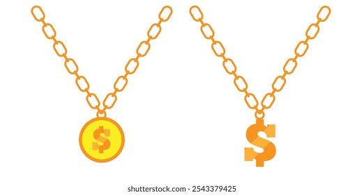 Dollar Coin and Sign on Chain Necklace. Jewelry and wearable items made of gold vector art