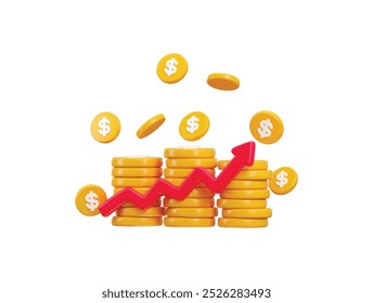 Dollar coin stack with arrow growth business and finance icon 3d render vector illustration