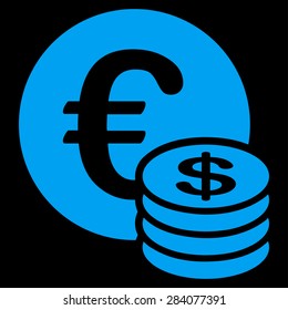 Dollar coin stack from BiColor Euro Banking Icon Set. Vector style: flat, blue symbol, rounded angles, black background.