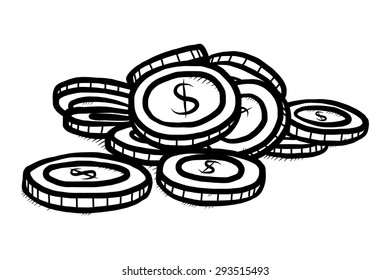 Dollar Coin Stack / Cartoon Vector And Illustration, Black And White, Hand Drawn, Sketch Style, Isolated On White Background.